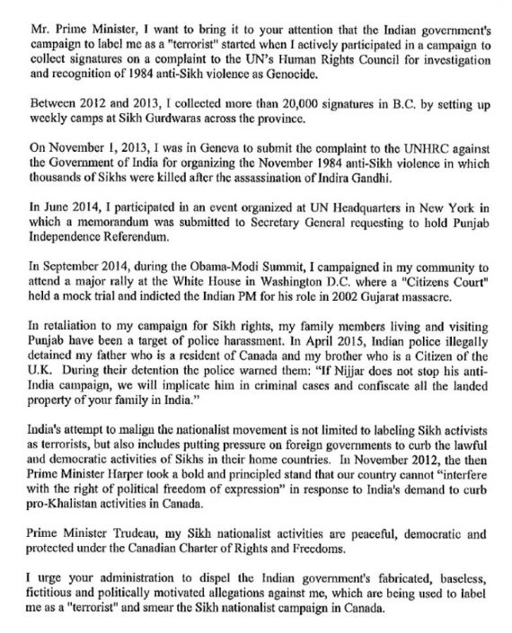 Hardeep Singh Nijjar's Letter to Canadain PM Justin Trudeau Page 2/2