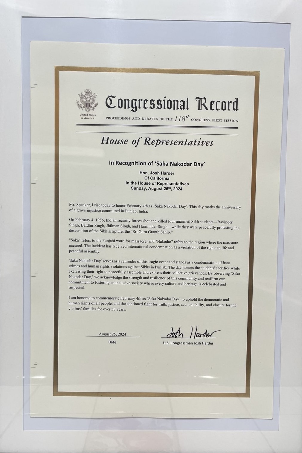 US Congressional Records Recognizing 'Saka Nakodar 1986’