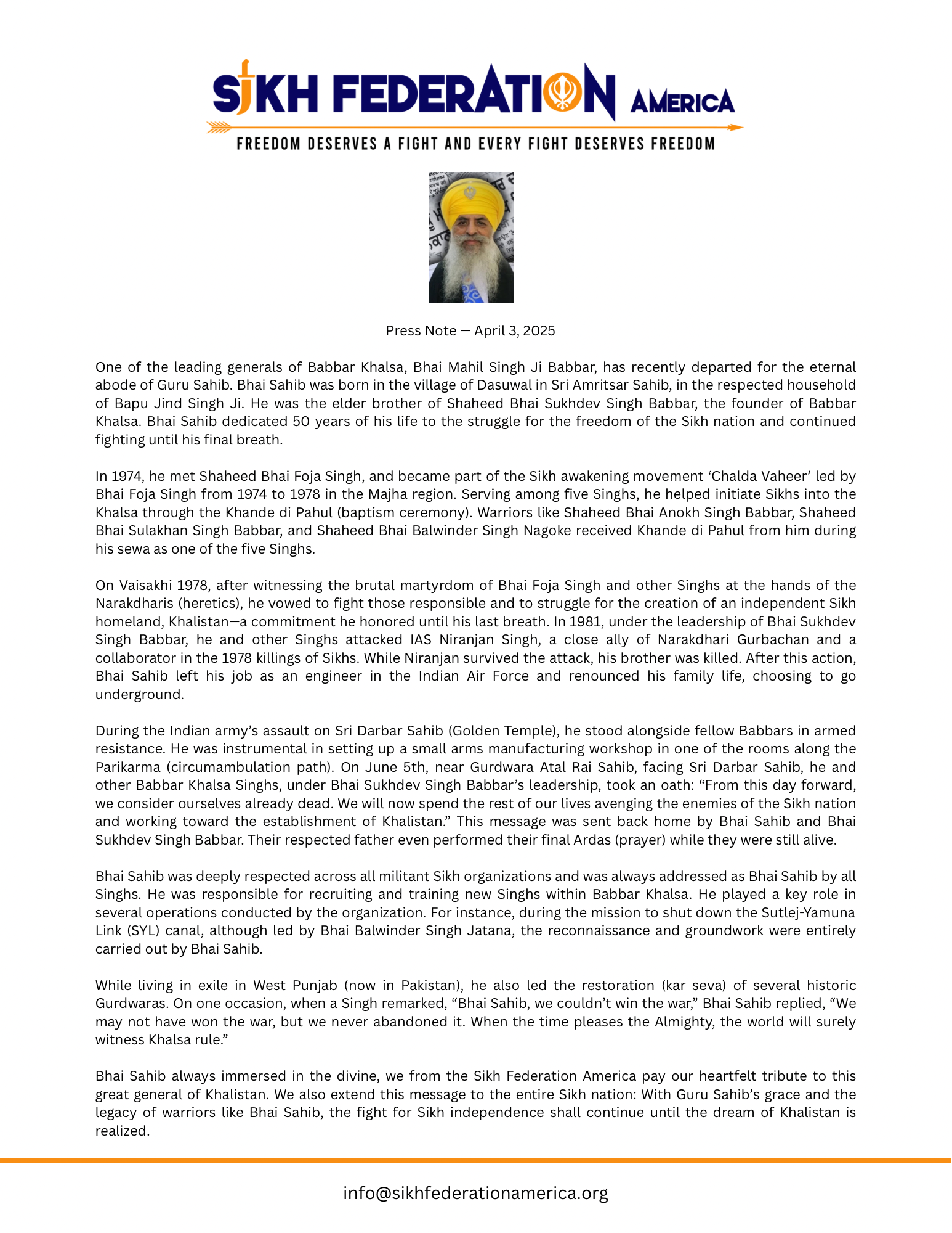 Statement by Sikh Federation America