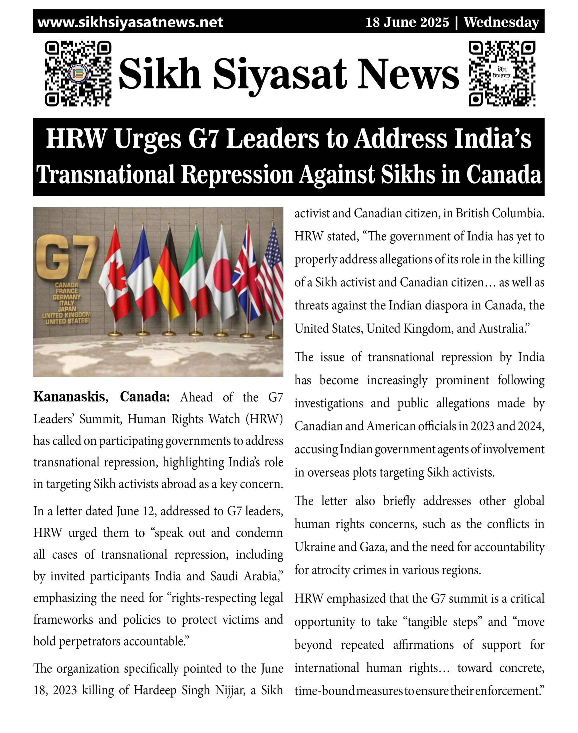 HRW Urges G7 Leaders to Address India’s Transnational Repression Against Sikhs in Canada