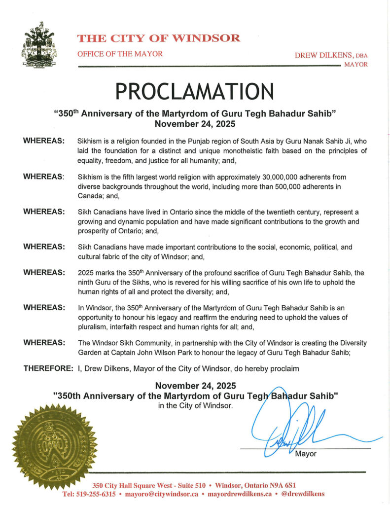 Proclamation 350th Anniversary Guru Tegh Bahadur Sahib-Diversity Garden