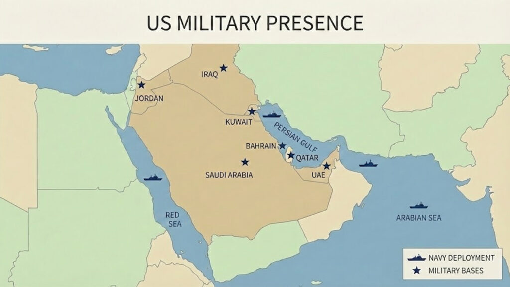 US bases near Iran in English.