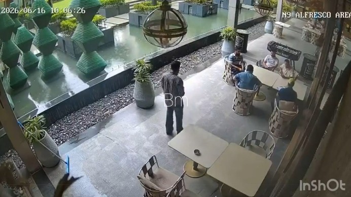 Screengrab from CCTV footage posted by Bikram Majithia allegedly showing Punjab police officials and person who helped them secure forensic report related to Bhagwant Mann viral video