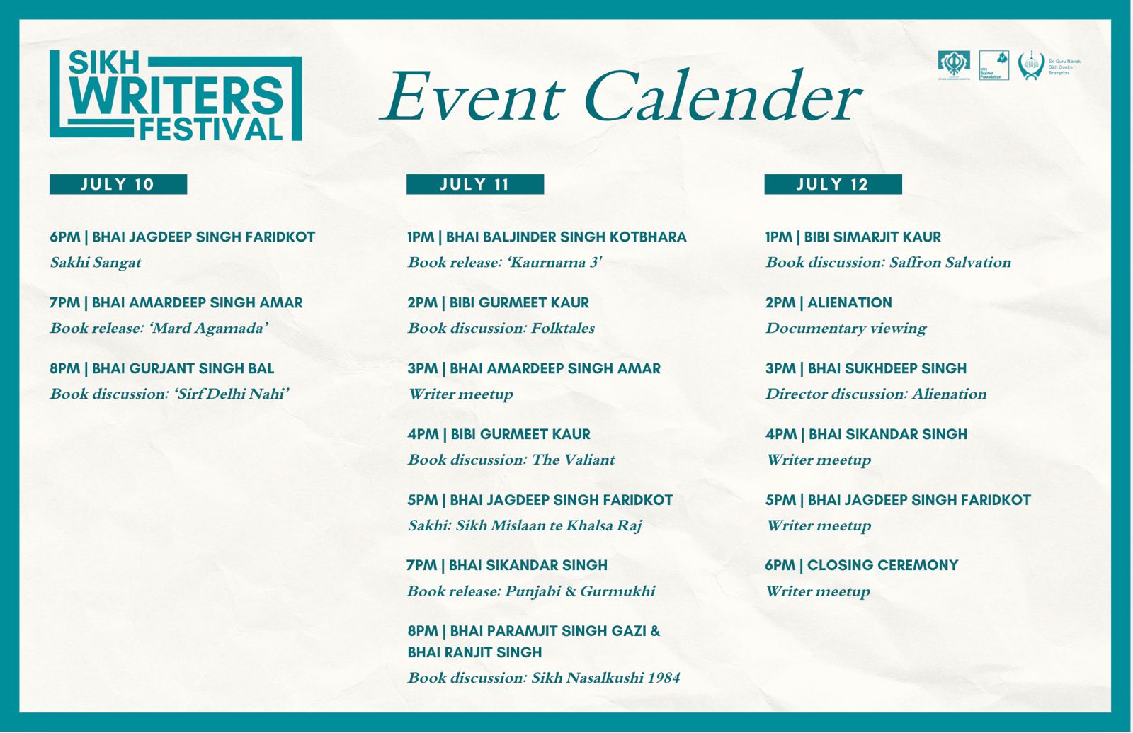 Sikh Writers Festival 2026 event calendar in Brampton