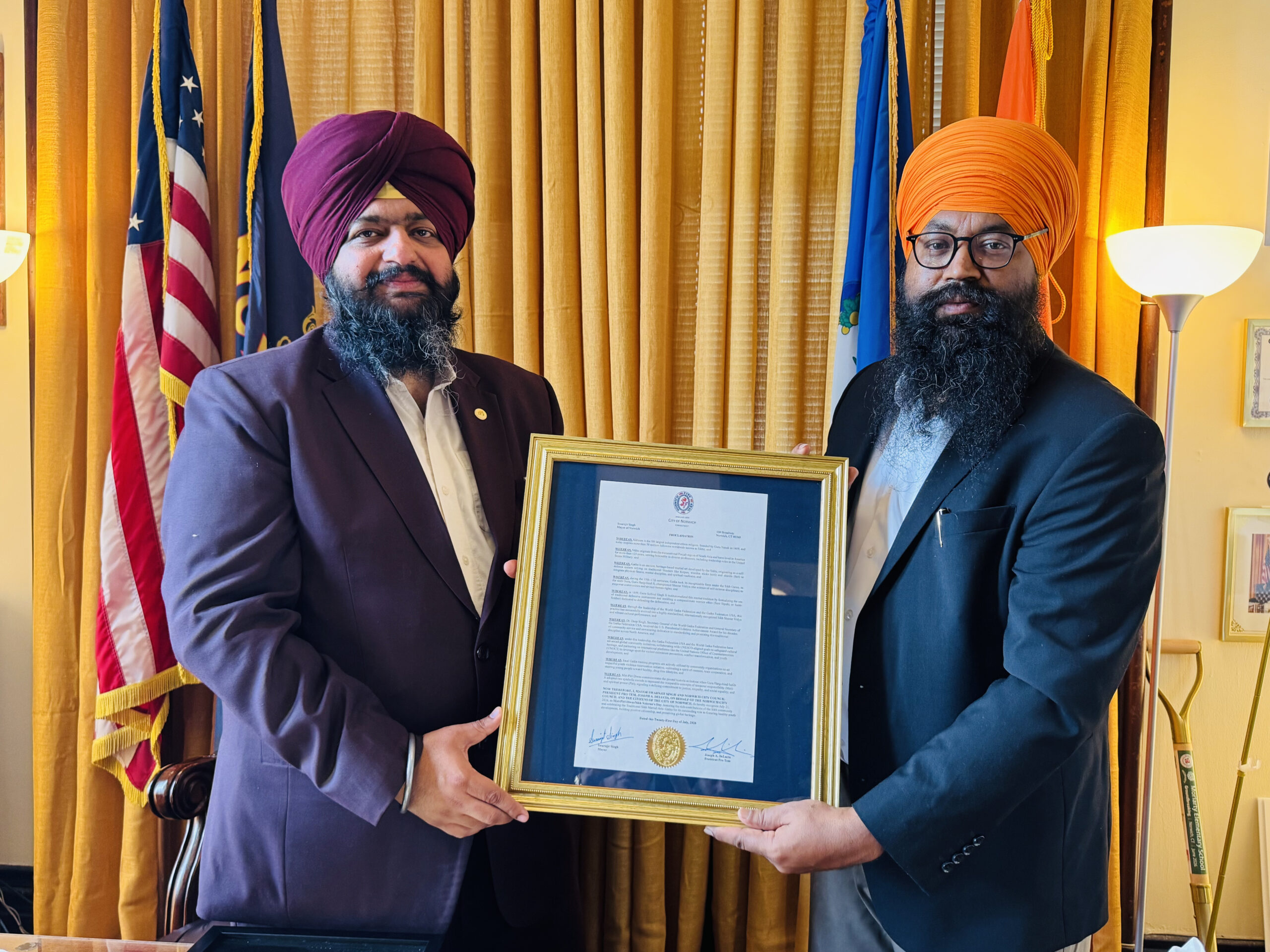 Mayor Swarnjit Singh Presenting Citation to Deep Singh, Gen Secretary World Gatka Federation (WGF)