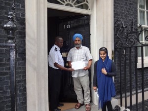 Tanjot Kaur, aged 10, was invited to the door of No 10, to hand over the letter to the Prime Minister’s office. Tanjot Kaur, aged 10, was invited to the door of No 10, to hand over the letter to the Prime Minister’s office.
