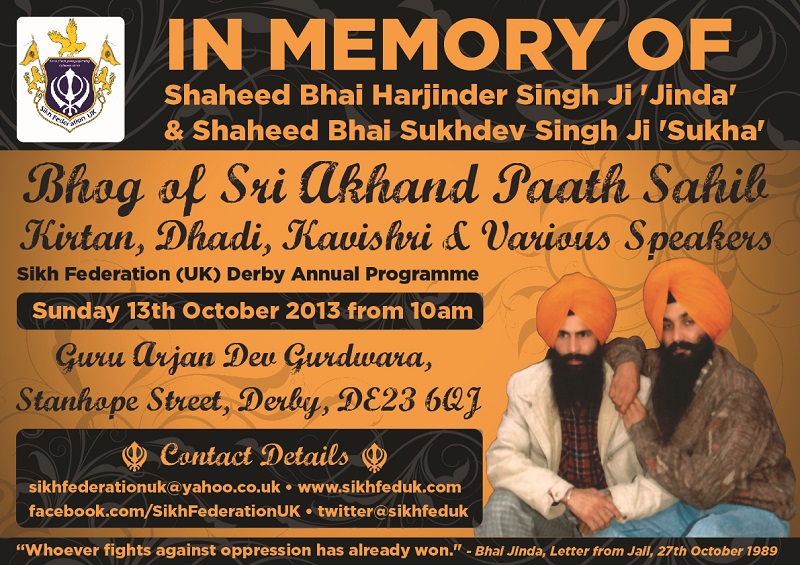 SFUK - Annual 'Bhai Jinda & Bhai Sukha' Derby Programme - 13.10.13
